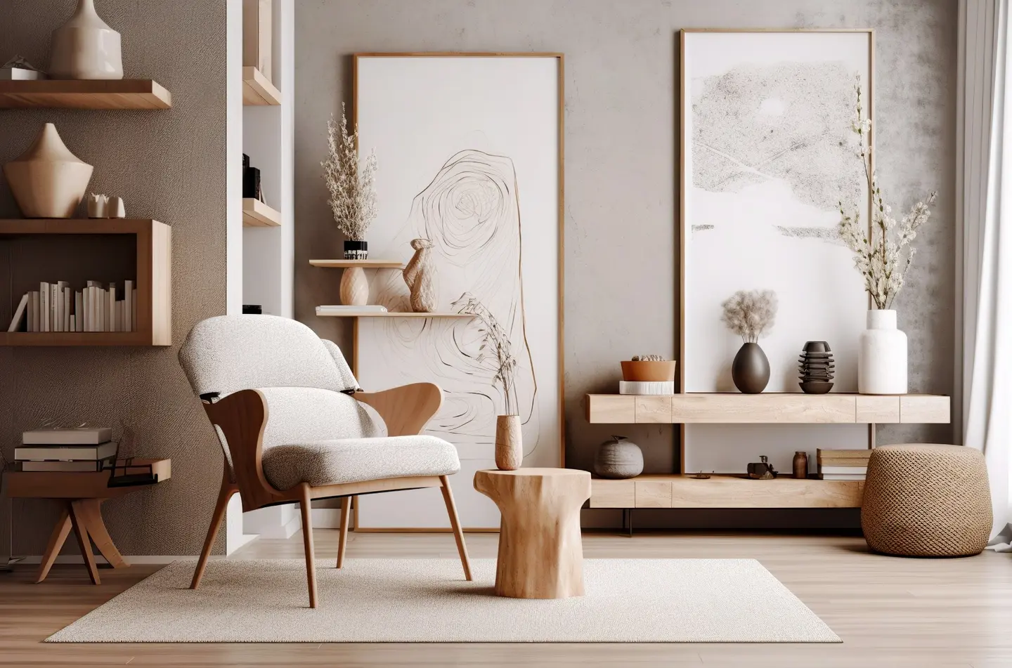 Ein stilvoller Wohnbereich mit einem gepolsterten Sessel, einem kleinen Tisch und dekorativen Wandbildern.