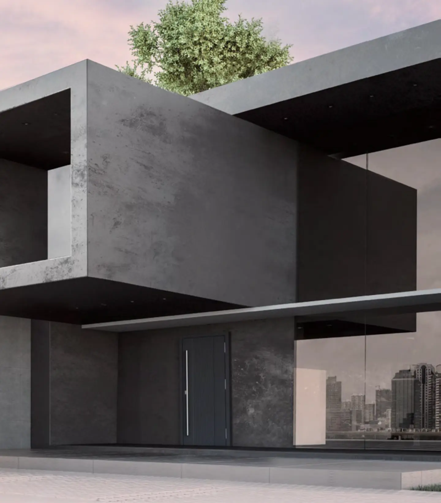 Minimalist modernes Gebäude mit quadratischen Elementen und einer Tür, auf einem Fußweg mit einer Pflanze oben.