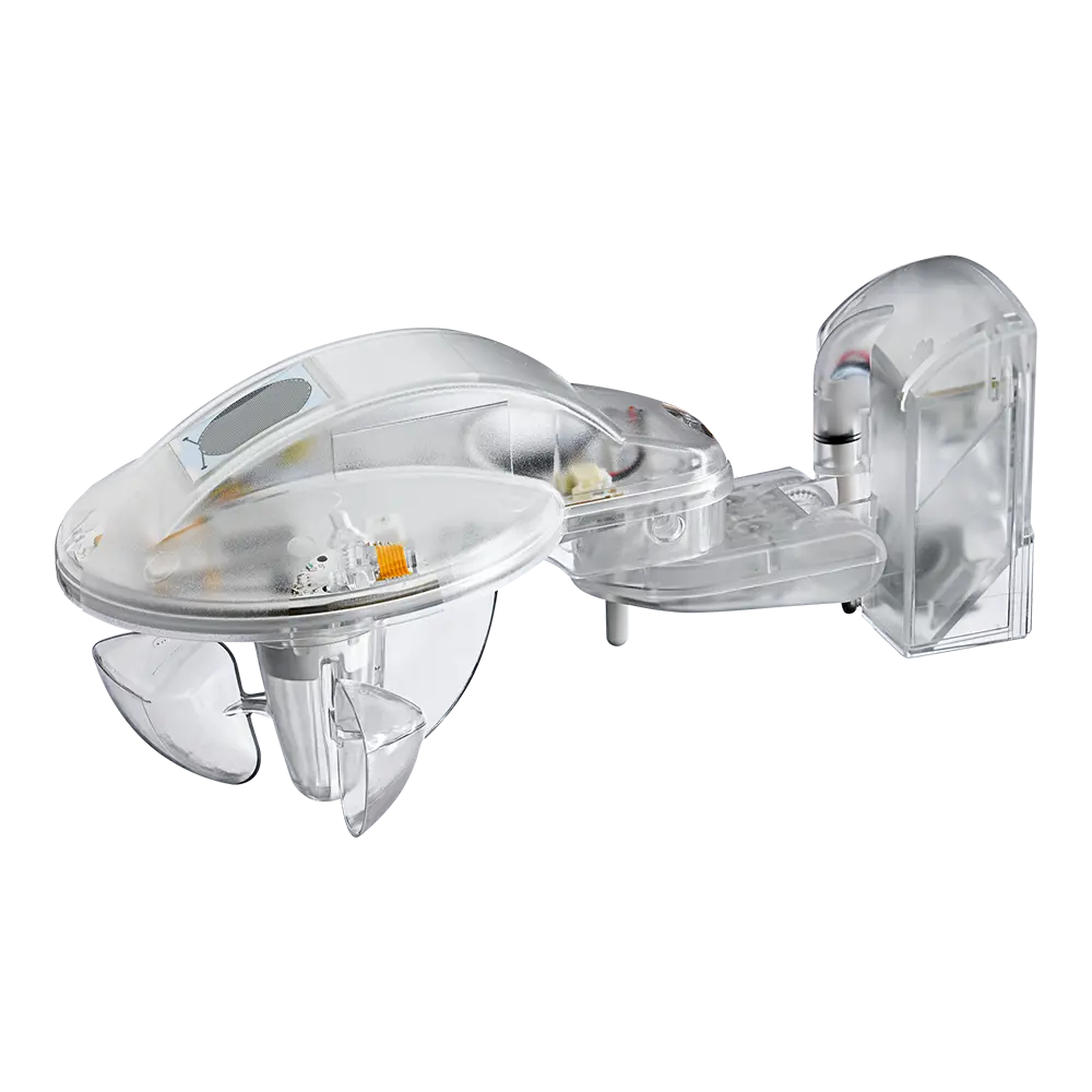 Ein transparentes Gerät mit einem runden Gehäuse, vermutlich Teil eines elektrischen Systems oder einer Maschine.