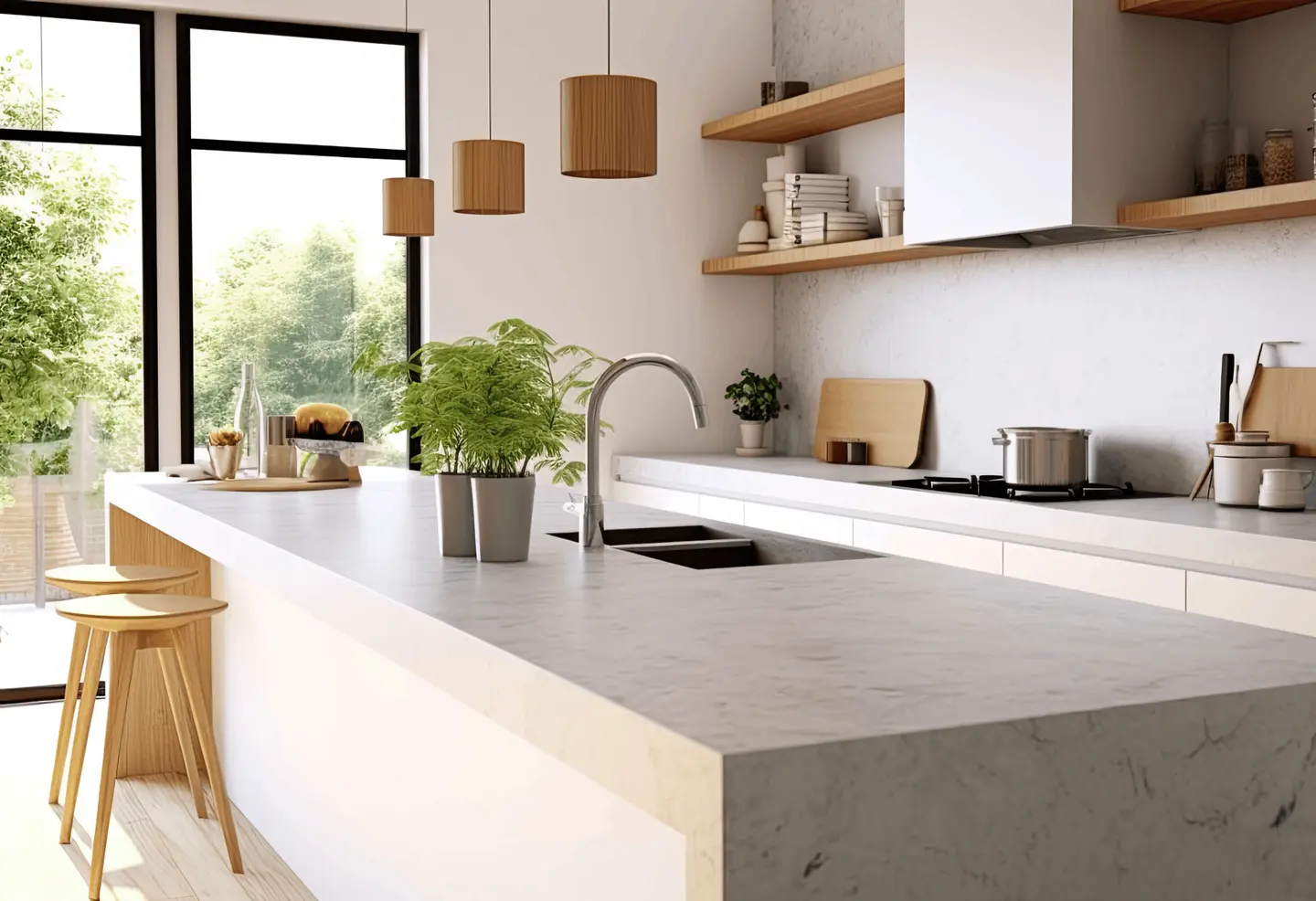 Moderne Küche mit einer langen Arbeitsfläche, Pflanzen, einem Wasserhahn und Holzregalen im Hintergrund.