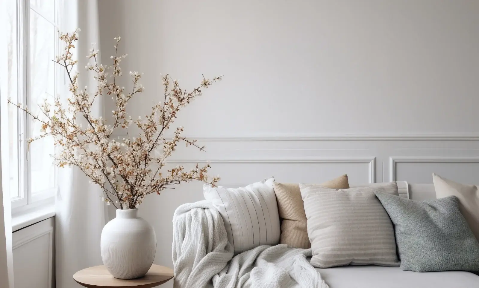 Ein helles Wohnzimmer mit einem weißen Sofa, Kissen in sanften Farben und einer Vase mit Blumen auf einem kleinen Tisch.