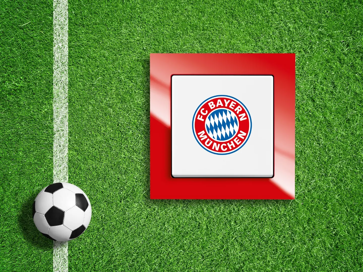 Fußball neben dem Fanschalter "FC Bayern München" auf grünem Rasen.