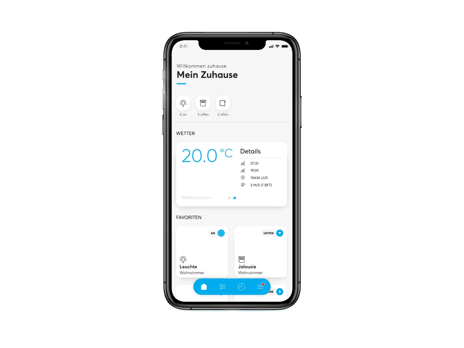 Smartphone-Bildschirm mit der Benutzeroberfläche für die Steuerung von Smart-Home-Geräten und Anzeige der Temperatur.