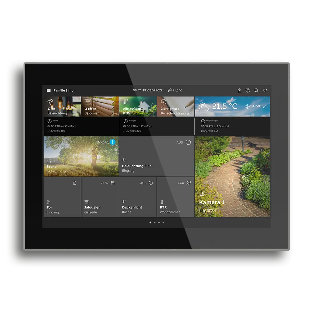 Smart-Home-Bedienpanel mit verschiedenen Steueroptionen und Temperaturanzeige für die Raumkontrolle.