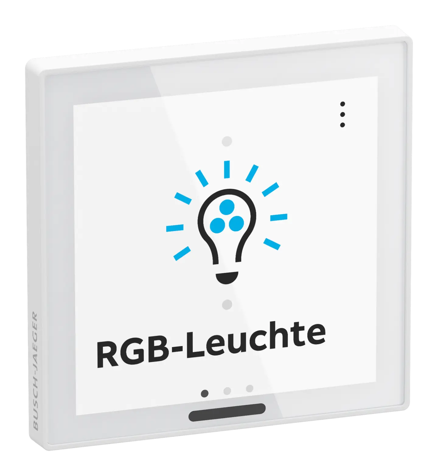 RGB-Leuchte-Symbol auf einem weißen Schalter mit einem Glühbirnen-Icon und drei blauen Punkten.