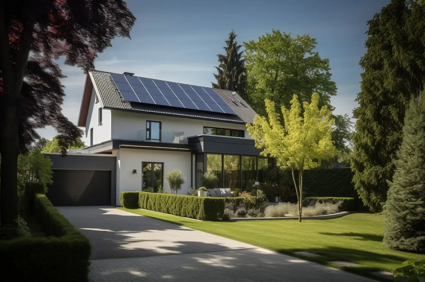Modernes Einfamilienhaus mit Solarpanelen auf dem Dach und gepflegtem Garten, von einer Auffahrt aus sichtbar.