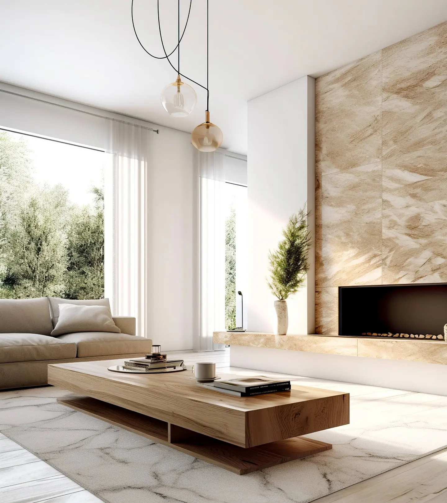 Helles Wohnzimmer mit einem beigen Sofa, einem niedrigen Holztisch und einem modernen Wandkamin.