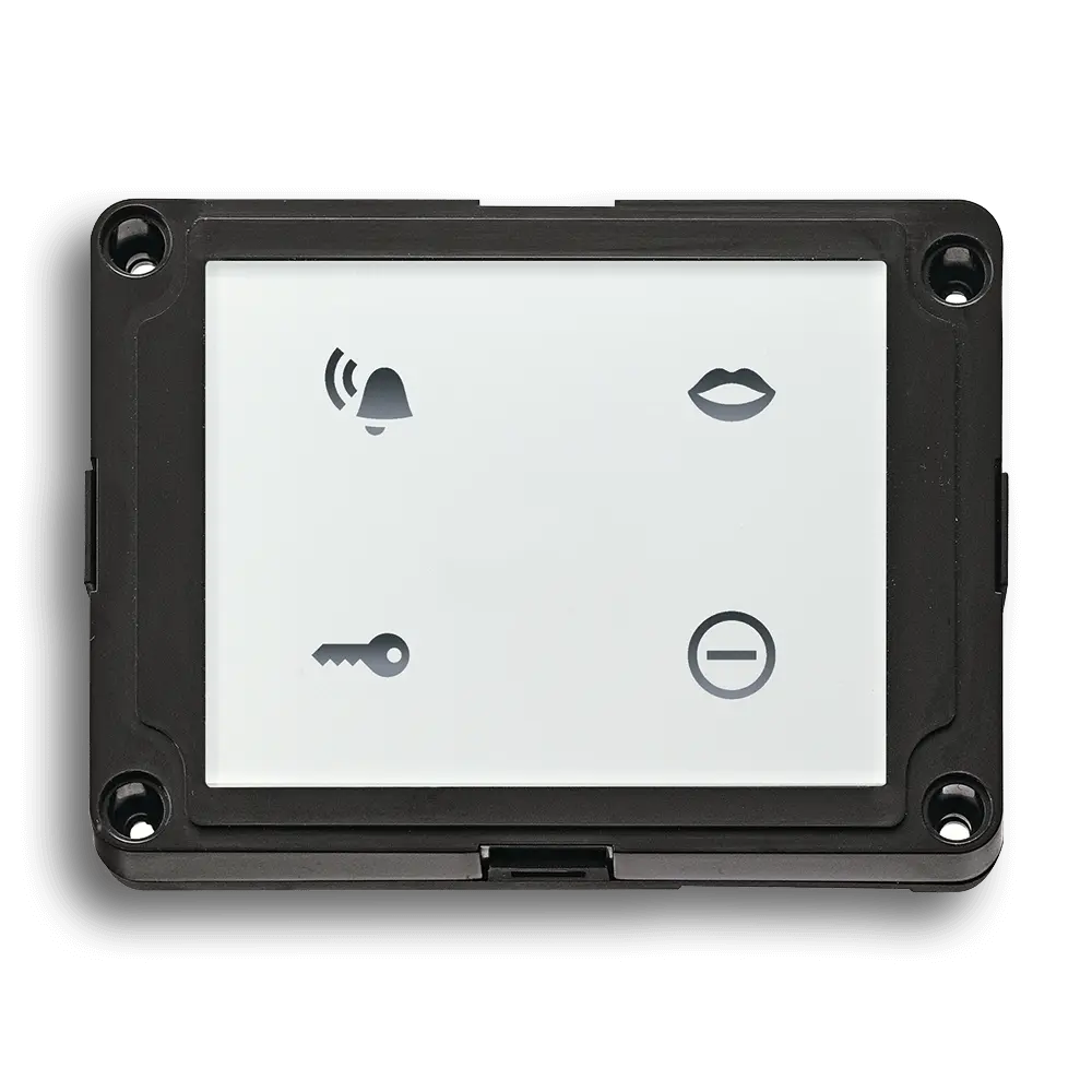 Schalter mit Symbolen für Klingel, Mund, Schlüssel und Minuszeichen auf einer flachen Oberfläche.