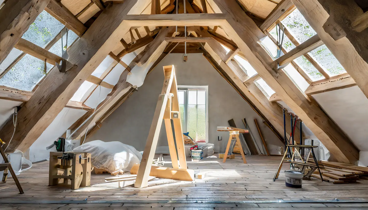 Heller Dachboden mit Holzrahmen, einem Zeichenständer und Bauwerkzeugen in einem handwerklichen Arbeitsbereich.