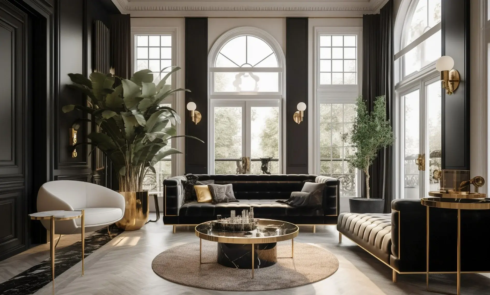 Modern Wohnzimmer mit schwarzen Sofas, einem runden Tisch, Pflanzen und großen Fenstern mit viel natürlichem Licht.